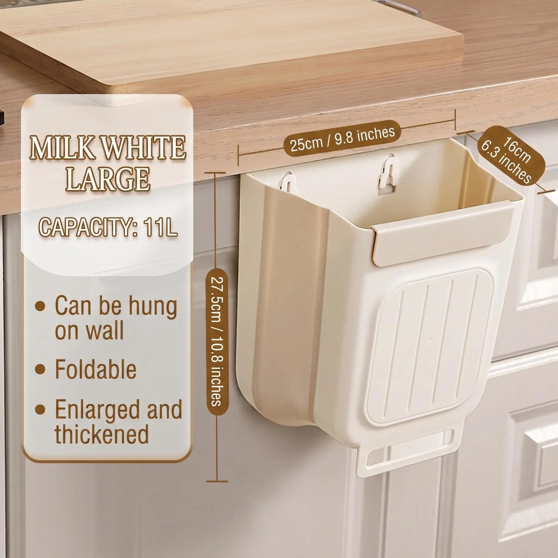 Collapsible Hanging Kitchen Trash Can - Foldable 11L Rubbish Bin for Cabinet and Countertop, Ideal for Kitchen and Bathroom Use