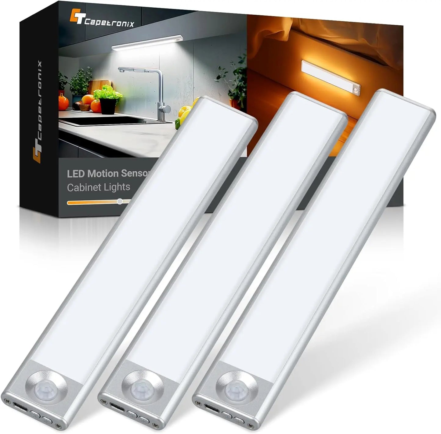 Cabinet Light, Kitchen Counter Light, 3 Color Temperatures, 3 Modes Dimmable, Rechargeable Motion Sensor Closet Light, Indoor, Battery Powered Light, 9.8 Inch (Approx. 24.9 Cm) 3-Pack Led