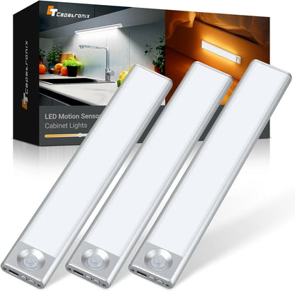 Cabinet Light, Kitchen Counter Light, 3 Color Temperatures, 3 Modes Dimmable, Rechargeable Motion Sensor Closet Light, Indoor, Battery Powered Light, 9.8 Inch (Approx. 24.9 Cm) 3-Pack Led