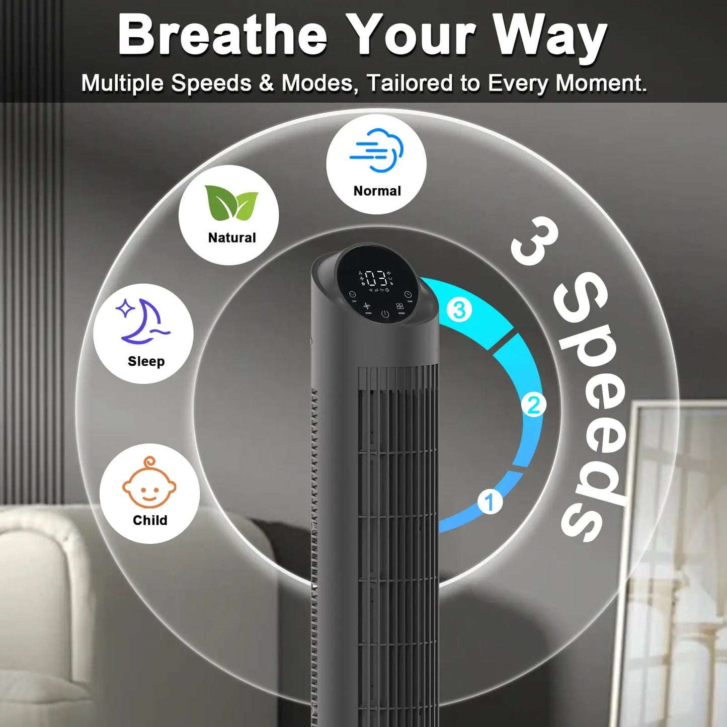 Sunspire 40'' Tower Fan for Bedroom, 90° Oscillating Standing Fan, 28Db Ultra Quiet, 26Ft/S Velocity Bladeless Floor Fan with 3 Speeds & 4 Modes, 12H Timer for Living Room, Home, Office, Black