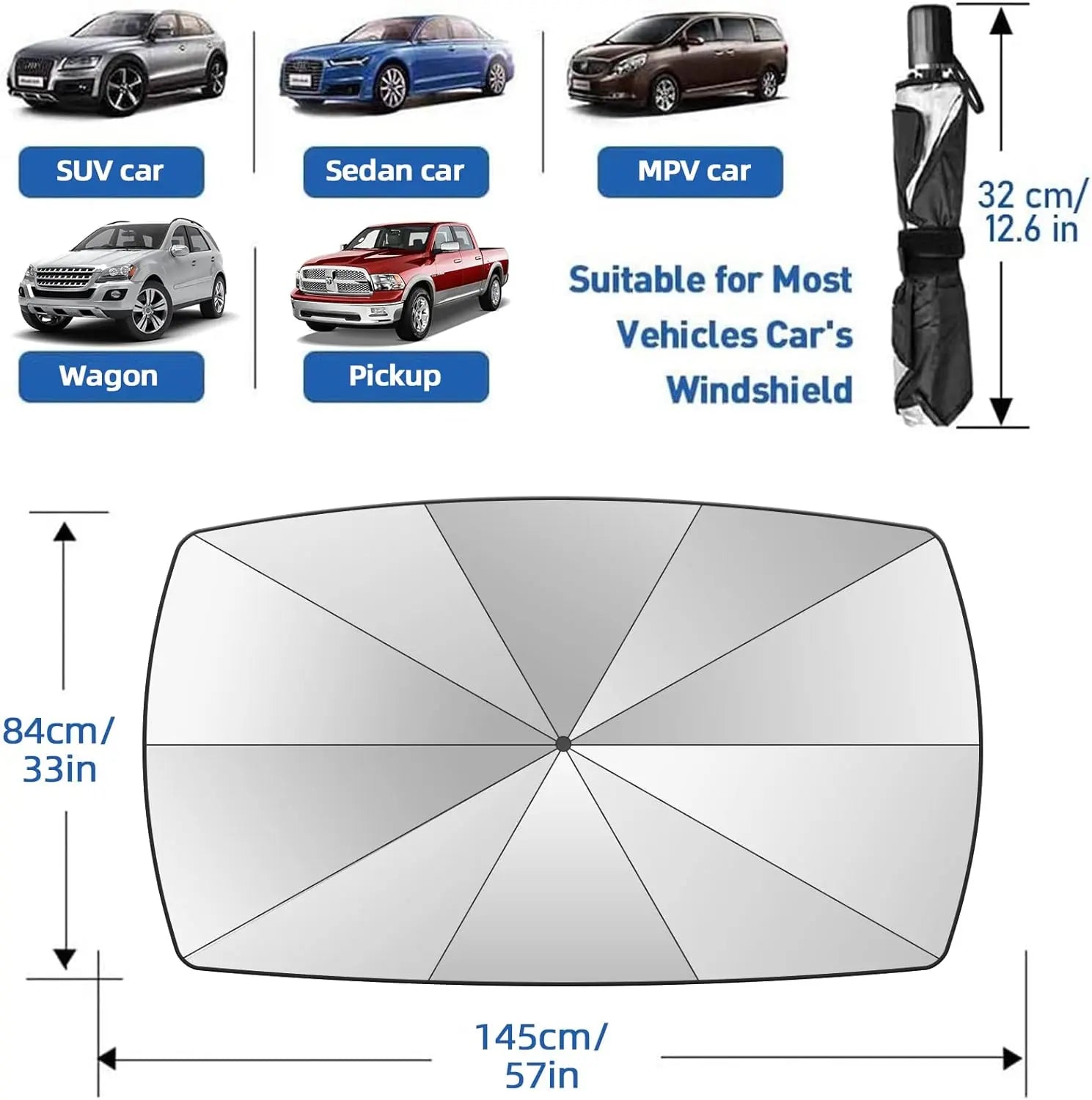 [Upgraded] Windshield Sun Shade Umbrella - [Vinyl Coating Heat Shield] Protect Car from Sun Rays & Heat Damage Keep Cool and Protect Interior, Spring Structure Edge Medium 56" L X 31" W, Durable Sun Shade, Shade for Car Window