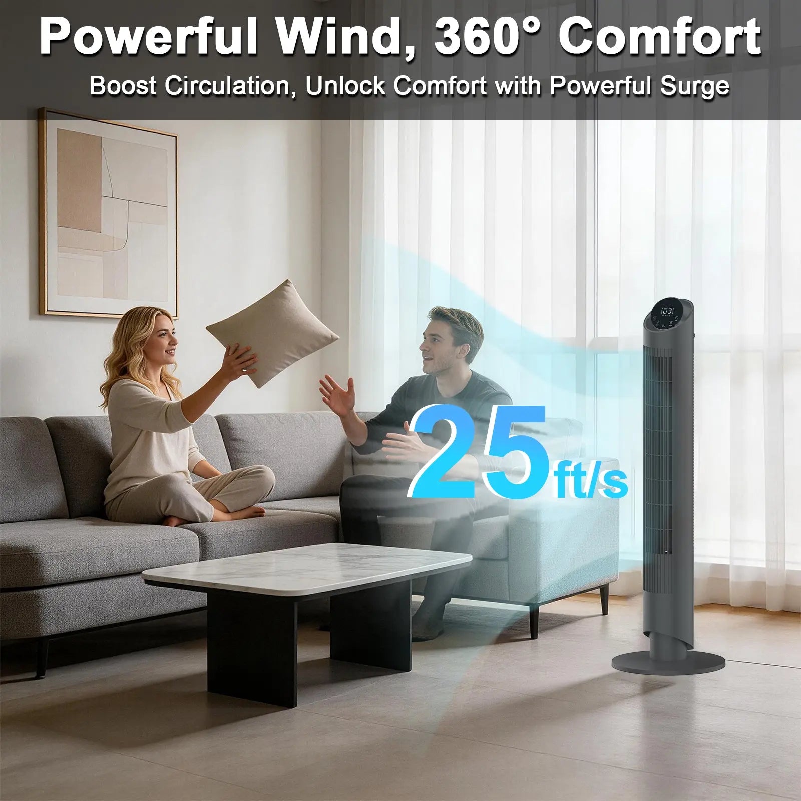 Sunspire 40'' Tower Fan for Bedroom, 90° Oscillating Standing Fan, 28Db Ultra Quiet, 26Ft/S Velocity Bladeless Floor Fan with 3 Speeds & 4 Modes, 12H Timer for Living Room, Home, Office, Black