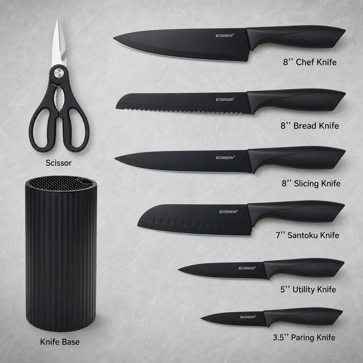 8-Piece Japanese-Style Stainless Steel Cutter Set - Elegant Black, Non-Slip Ergonomic Handle, Dishwasher Washer-Ready - Includes Chef'S Knife, Serrated Knife, Paring Knife and More - Perfect for Holiday Gifts