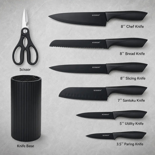 8-Piece Japanese-Style Stainless Steel Cutter Set - Elegant Black, Non-Slip Ergonomic Handle, Dishwasher Washer-Ready - Includes Chef'S Knife, Serrated Knife, Paring Knife and More - Perfect for Holiday Gifts