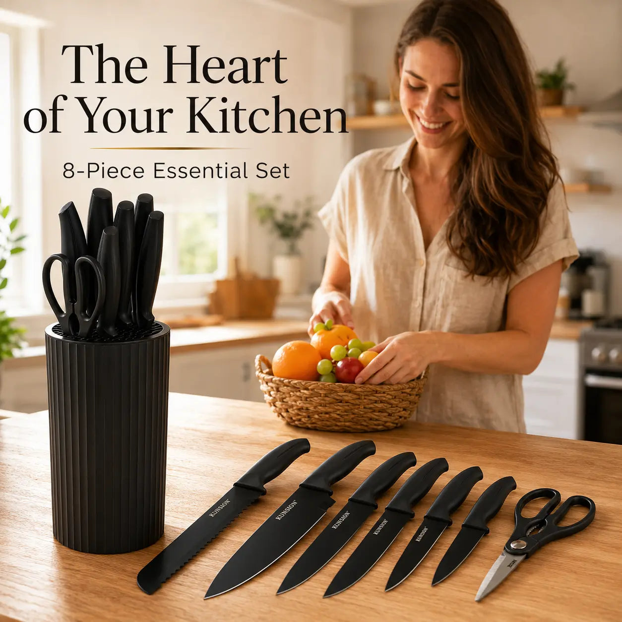 8-Piece Japanese-Style Stainless Steel Cutter Set - Elegant Black, Non-Slip Ergonomic Handle, Dishwasher Washer-Ready - Includes Chef'S Knife, Serrated Knife, Paring Knife and More - Perfect for Holiday Gifts