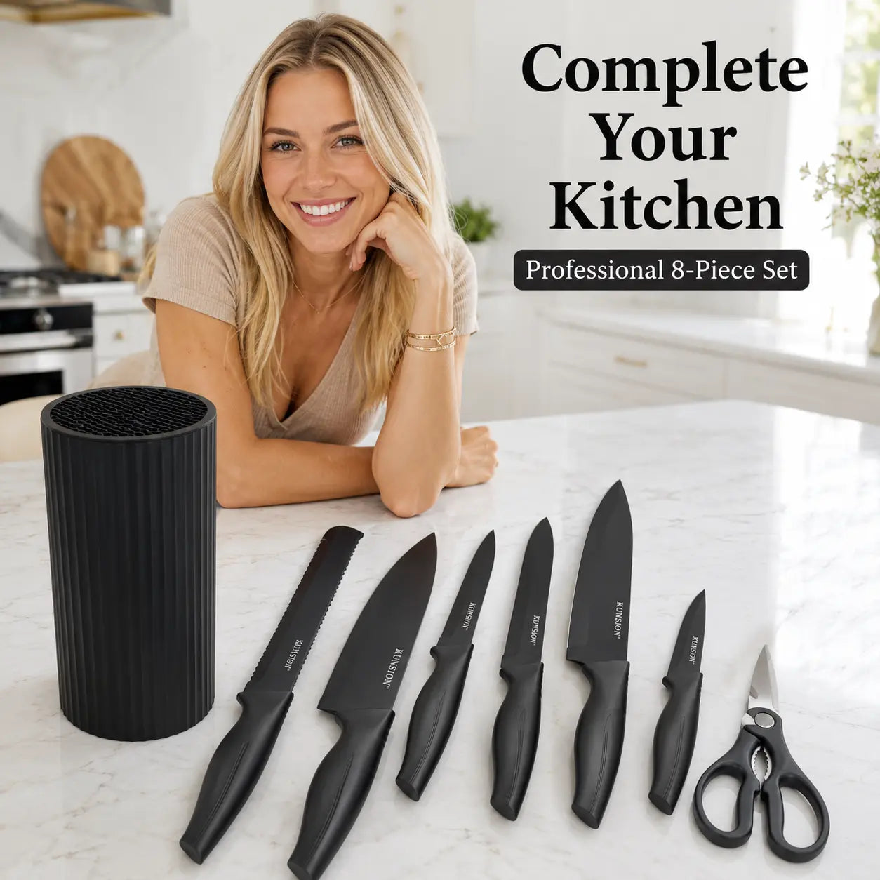 8-Piece Japanese-Style Stainless Steel Cutter Set - Elegant Black, Non-Slip Ergonomic Handle, Dishwasher Washer-Ready - Includes Chef'S Knife, Serrated Knife, Paring Knife and More - Perfect for Holiday Gifts