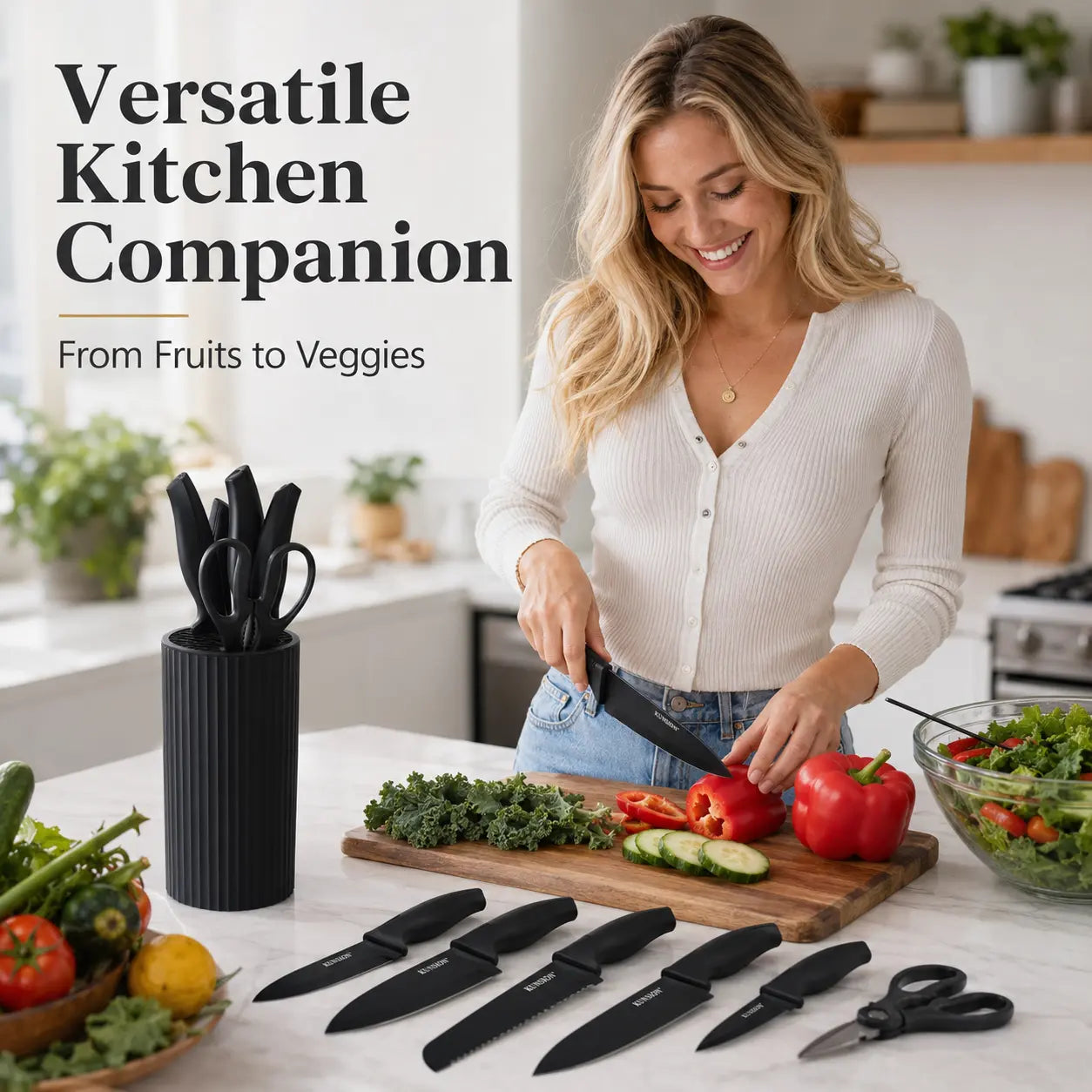8-Piece Japanese-Style Stainless Steel Cutter Set - Elegant Black, Non-Slip Ergonomic Handle, Dishwasher Washer-Ready - Includes Chef'S Knife, Serrated Knife, Paring Knife and More - Perfect for Holiday Gifts