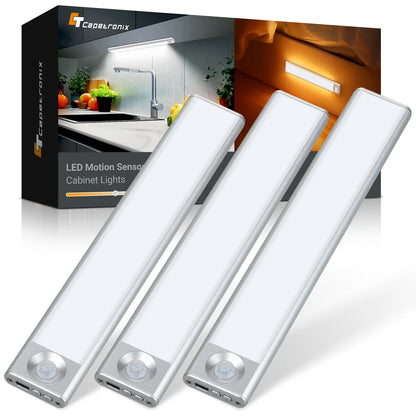 Cabinet Light, Kitchen Counter Light, 3 Color Temperatures, 3 Modes Dimmable, Rechargeable Motion Sensor Closet Light, Indoor, Battery Powered Light, 9.8 Inch (Approx. 24.9 Cm) 3-Pack Led