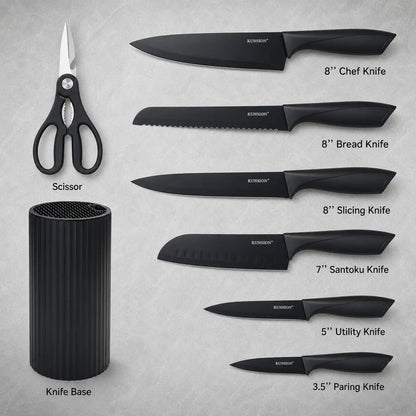 8-Piece Japanese-Style Stainless Steel Cutter Set - Elegant Black, Non-Slip Ergonomic Handle, Dishwasher Washer-Ready - Includes Chef'S Knife, Serrated Knife, Paring Knife and More - Perfect for Holiday Gifts