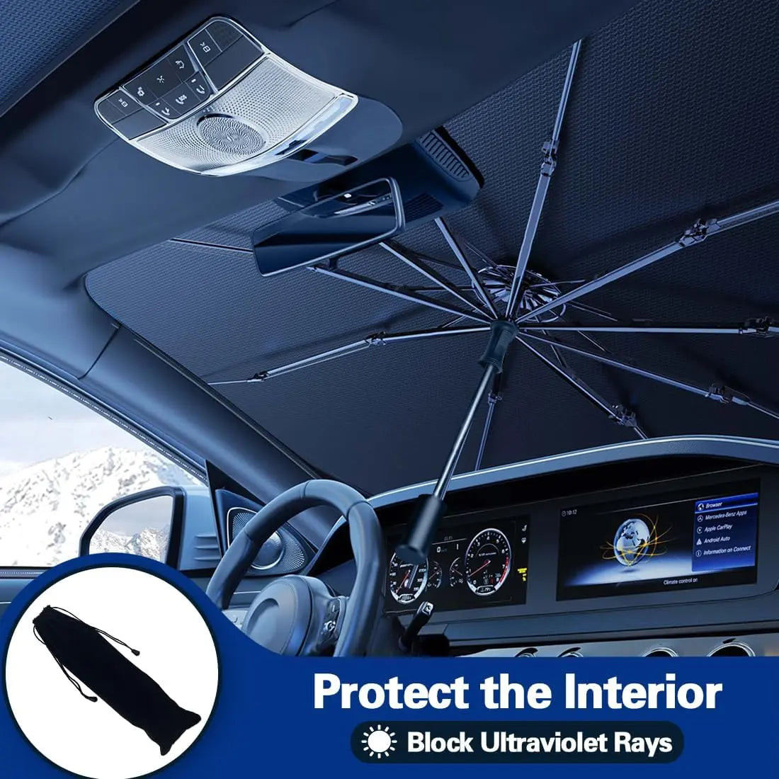 [Upgraded] Windshield Sun Shade Umbrella - [Vinyl Coating Heat Shield] Protect Car from Sun Rays & Heat Damage Keep Cool and Protect Interior, Spring Structure Edge Medium 56" L X 31" W, Durable Sun Shade, Shade for Car Window